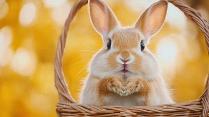 Poster - A close up of a rabbit sitting in the basket, AI