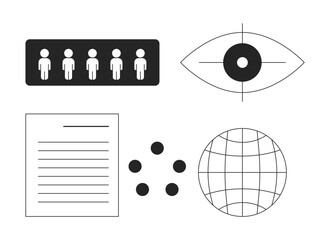 Poster - Globalization biometrics black and white 2D line objects set. Population citizens, planet wireframe isolated vector outline items collection. Demography monitor monochromatic flat spot illustrations