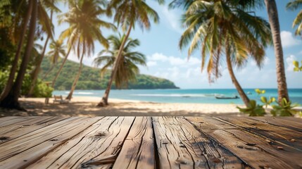Aufkleber - Empty wooden table with blurred beach with coconut trees in the background : Generative AI