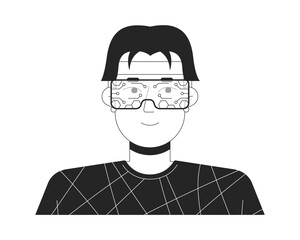 Poster - VR headset man young adult korean black and white 2D vector avatar illustration. Futuristic glasses guy asian outline character face isolated. Virtual reality device flat user profile image portrait
