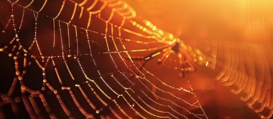 Poster - Partially blurred view of an empty spider web with delicate lines set against a blurred orange cave background with copy space