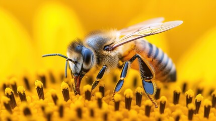 Wall Mural - A bee is on a yellow flower with its legs spread, AI