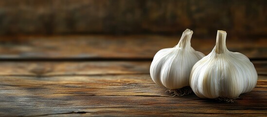 Close up of two garlic bulbs on a wooden surface. with copy space image. Place for adding text or design