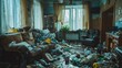 © Generative AI - Garbage covered house apartment of alone woman with mental depresion having trash rubbish with no people in Unorganized empty living room of depressed person with scattered food mess d : Generative AI