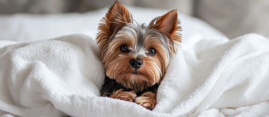 Poster - Small Yorkshire Terrier dog under a white blanket on the bed. with copy space image. Place for adding text or design