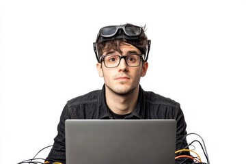 Man With Goggles and Glasses Looking Concerned While Working on a Laptop