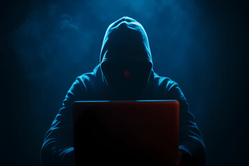 Cyber hacker attack concept. Abstract digital hacker man with a laptop. Male criminal, hoodie and ready for coding, cyber-attack and programming for malware with tech, scam and data