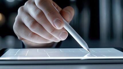 Poster - A person holding a pen over an electronic device, AI