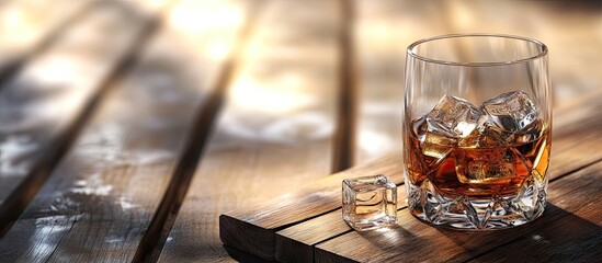 Aufkleber - A glass of whiskey or cognac on wooden planks with ice cubes. with copy space image. Place for adding text or design