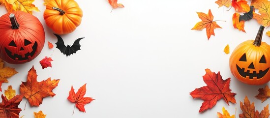 Aufkleber - Halloween background on a white surface Colorful party decorations and fall leaves. with copy space image. Place for adding text or design