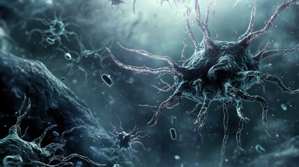 Poster - A macrophage is in the process of engulfing bacteria, showcasing an intricate interaction within a vibrant cellular landscape