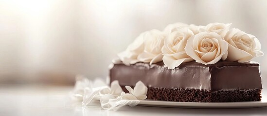 Leinwandbilder - Chocolate rectangular cake adorned with cream roses on a light table Sweet food is part of the confectionery industry copyspace