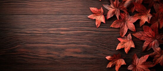Poster - Autumn maple leaves on a wooden surface Space for a written message. with copy space image. Place for adding text or design