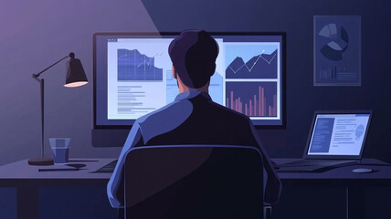 Poster - A person analyzing data on multiple screens in a dimly lit office environment during the evening