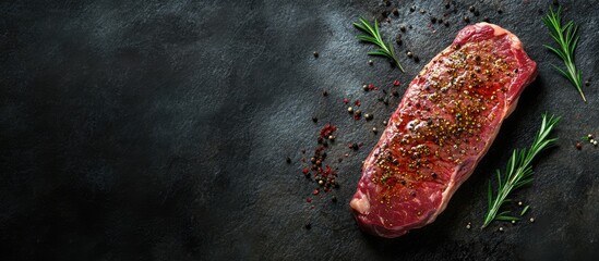 Leinwandbilder - One raw steak seasoned with spices and rosemary on a stone background leaving room for your text. with copy space image. Place for adding text or design