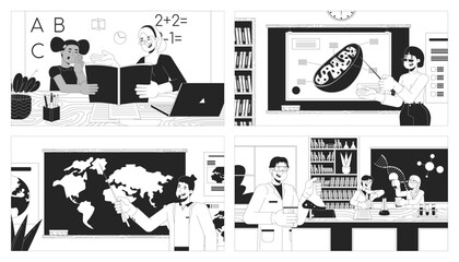 Wall Mural - School personnel at work black and white line illustration set. Teachers conducting lessons to students 2D characters monochrome background. Education process scenes vector storytelling images bundle