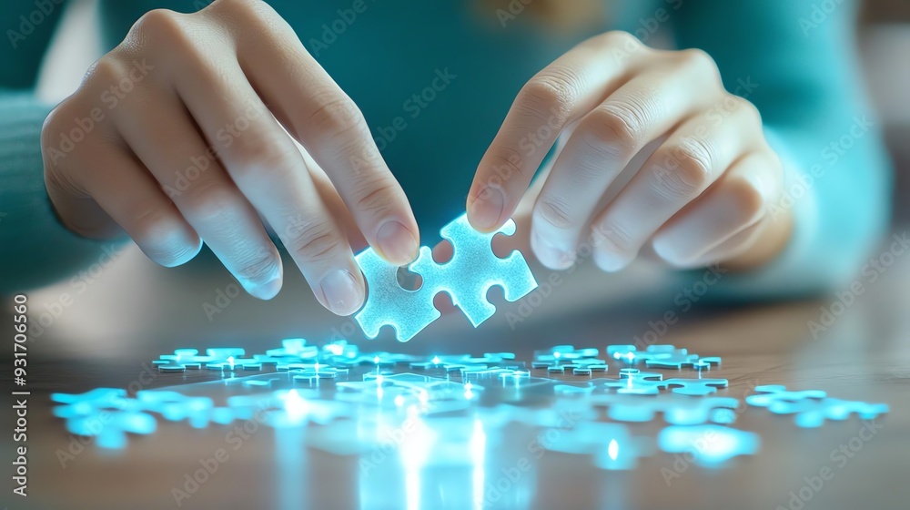 Hand Problem Solving Hands assembling a glowing puzzle, symbolizing problem-solving ...