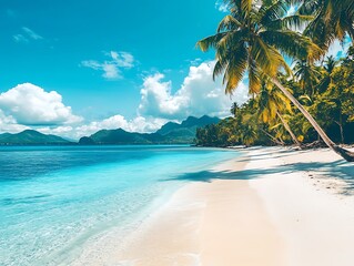 A tranquil tropical beach with white sand and turquoise waters under a blue sky