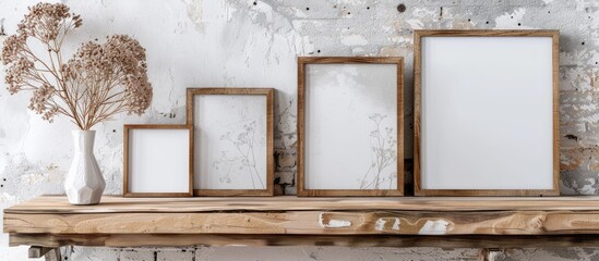 Poster - An empty wooden frame set against a white background Copyspace