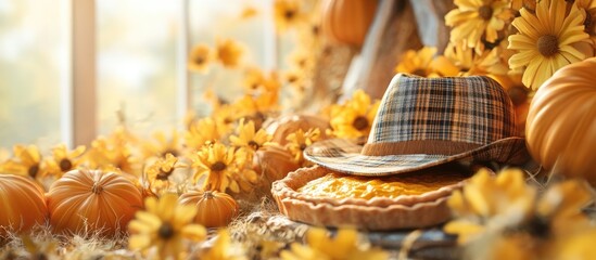 Fototapete - Autumn arrangement featuring pumpkins yellow tea flowers a cozy plaid and hat with a pumpkin pie in the center of the composition. with copy space image. Place for adding text or design