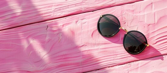 Poster - Summer abstract background mockup template free copy space for text pattern sample from a top view on a pink wooden board Blank area available for inscription A pair of stylish black sunglasses