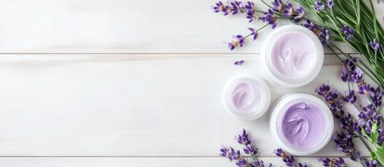 Aufkleber - Cosmetic cream product samples with lavender leaves on a white wooden table background