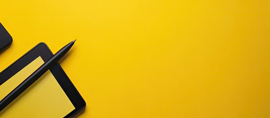 Poster - Flat lay of a cropped graphic creative pen tablet featuring copy space against a yellow background