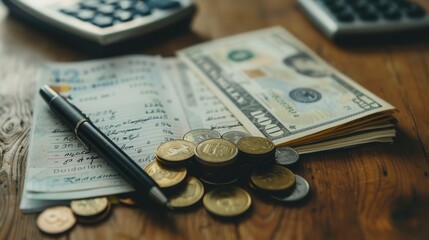 Aufkleber - A stack of cash and coins alongside a notebook filled with financial notes and calculations on a wooden table in a quiet workspace. Generative AI