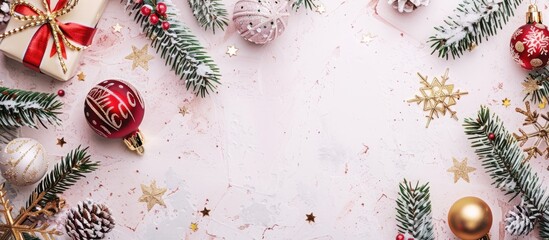 Poster - Christmas New Year or Noel holiday festive winter greeting card featuring decorations a frame Christmas ornaments stars and Christmas bells on a white background flat lay composition top view
