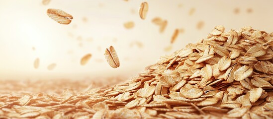 Fototapete - Stack of dry oat flakes with copy space clipping path