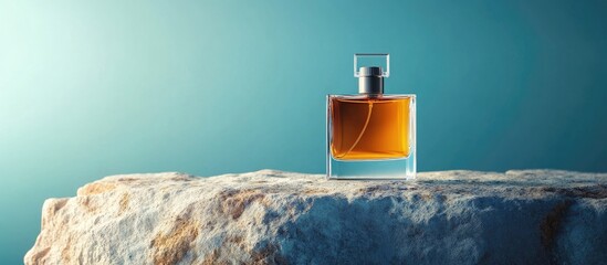 Poster - Elegant display of luxury men s perfume on stone with a light blue background Area for text. with copy space image. Place for adding text or design
