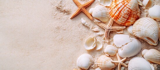 Poster - Beach setting featuring shells and starfish Vacation theme Top view. with copy space image. Place for adding text or design