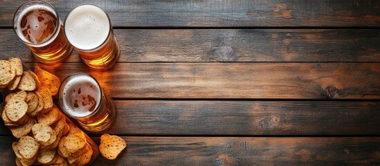 Aufkleber - Lager beer and snacks on a wooden surface. with copy space image. Place for adding text or design