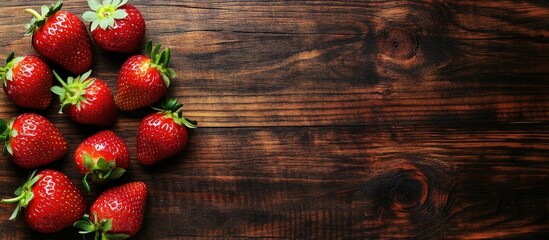 Poster - Ripe red strawberries on a wooden table top view copyspace