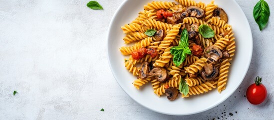 Poster - Gluten free fusilli pasta with forest mushrooms on a white plate Vegetarian vegan dish Italian cuisine Top view flat lay copyspace