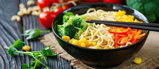 Poster - Bowl of vegetable rice noodles seasoned with soy sauce. with copy space image. Place for adding text or design