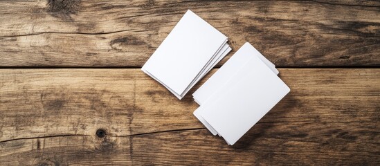 Fototapete - Image of empty business cards on a wooden table background ID template Copyspace for text Top view