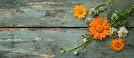 Poster - Close up of calendula chamomile and green twig on a wooden surface. with copy space image. Place for adding text or design