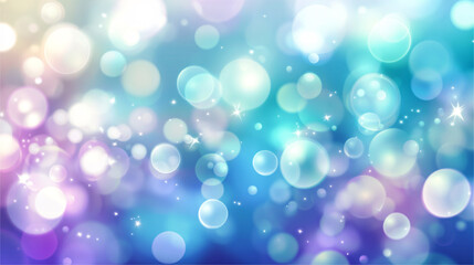 Abstract blurred background with bokeh lights in cool teal, aqua, and soft lavender hues Featuring subtle light beams and gently blurred bubbles, creating a calm, serene feel with ample copy space