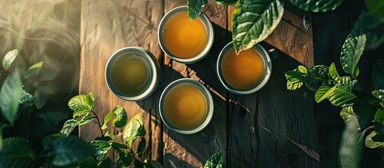 Aufkleber - two mugs of green tea viewed from above. with copy space image. Place for adding text or design