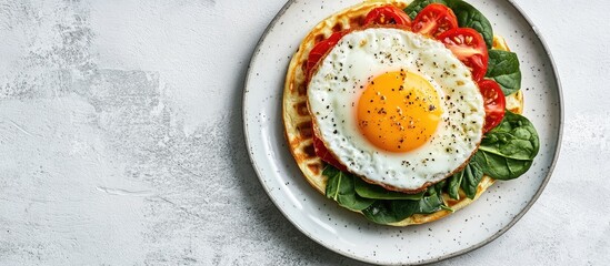 Poster - Fried egg topped with cheese tomatoes and chard alongside a spinach waffle served on a white ceramic plate against a light gray concrete backdrop Breakfast sandwich Selective focus Top view Copy spac