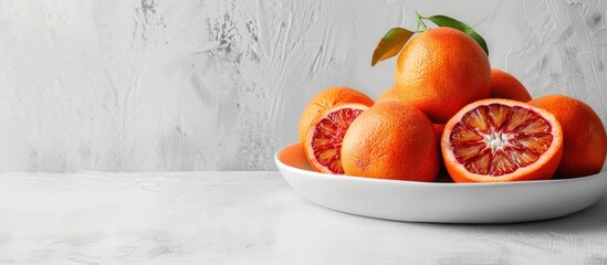 Fototapete - Composition of whole and sliced blood oranges arranged on a plate against a white table background. with copy space image. Place for adding text or design