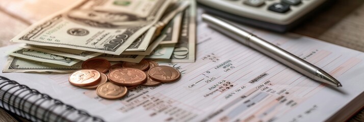 Aufkleber - A stack of cash and coins sit beside an open notebook filled with calculations and financial notes, alongside a calculator and pen. Generative AI
