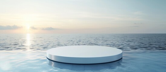 Aufkleber - Empty white circular podium on transparent calm blue water with splashes and waves in sunlight Abstract natural background for product presentation Flat lay cosmetic mockup copy space