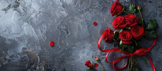 Poster - Holiday background for Valentine s Day featuring a bouquet of red roses tied with a red ribbon alongside a wrapped gift box set on a gray stone table Copy space top view