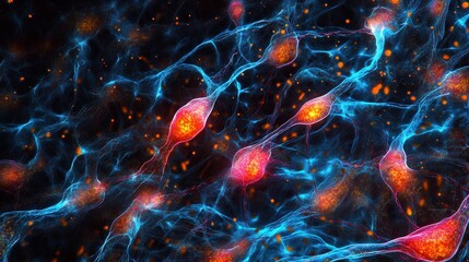 Poster - Colorful neurons and glowing synapses interconnect, illustrating the complexity of neural networks in a vibrant display