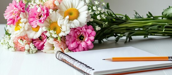Poster - A bouquet of flowers a notebook and a pencil on a white table Copy space