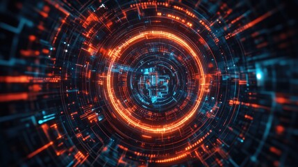 Poster - Dynamic digital tech circle with intricate patterns, glowing against a dark backdrop, symbolizing advanced technology.