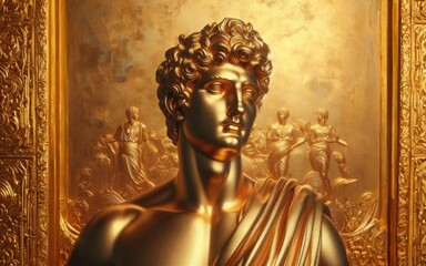 Canvas Print - Golden statue. Head and shoulders detail of the ancient sculpture