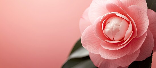 Poster - Close up of a beautiful pink camellia with copy space for a greeting card Romantic floral design for an invitation card suitable for weddings and Valentine s Day